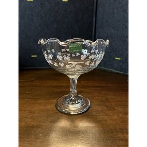 Eamon Glass Irish Hand Engraved Clear Candy/Compote Dish‎ Shamrock Pattern EUC